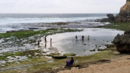 People wade in pools of water at the edge of the seashore